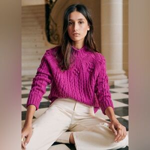 Sézane Aubin Jumper Magenta Chunky Cable Knit Merino Wool Sweater S
